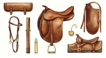 Watercolor illustration of equestrian equipment on white background