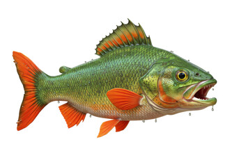 Isolated realistic freshwater perch fish with vibrant green and orange scales open mouth covered in water droplets detailed aquatic animal