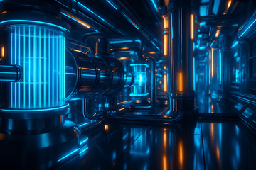 AI generated ultra realistic sci fi energy core interior with glowing blue and orange lights modern metal structure futuristic technology atmosphere powerful digital innovation concept