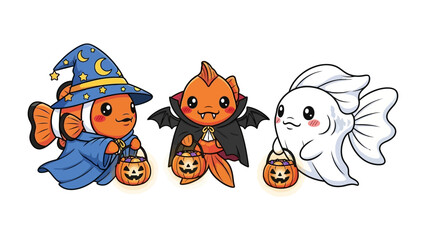 Halloween Fish Characters: Three charming and whimsical fish characters are dressed up in delightful costumes. A witch, a vampire and a ghost, each holding a pumpkin-shaped candy basket.