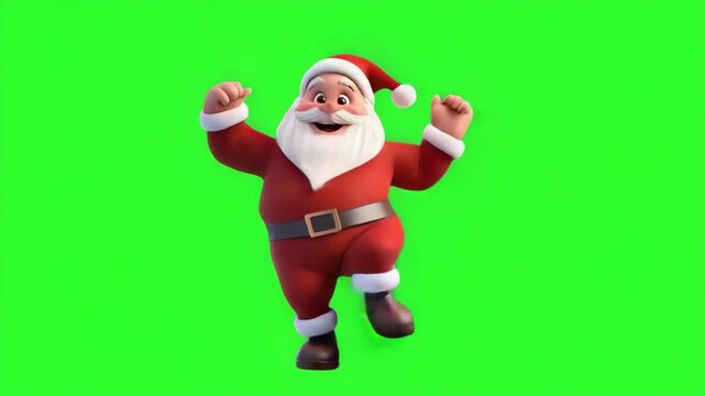 Cheerful, animated Santa Claus joyfully dances on green background
