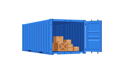 A blue shipping container with open door filled with brown packages