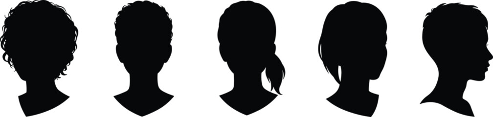 Diverse Human Head Silhouette Collection Vector Illustration, Variety of People's Hairstyles, Side and Back Views, Anonymous Profile Set, Graphic Design Element.