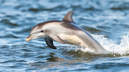 Fototapeta premium Playful dolphin leaps gracefully from water, showcasing its sleek body and joyful spirit in vibrant aquatic environment
