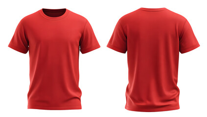 Front and back view of red t-shirt isolated on transparent background, realistic apparel mockup for branding, clothing, and fashion design concepts

