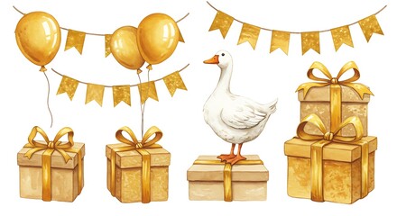 Watercolor illustration of festive gifts goose balloons and decorative banners
