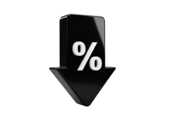 Isolated black percentage down arrow symbol representing discount sale price reduction financial loss decrease or negative business trend concept