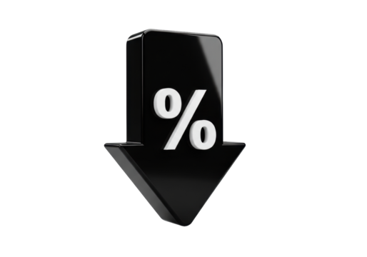 Isolated black percentage down arrow symbol representing discount sale price reduction financial loss decrease or negative business trend concept