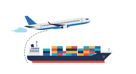 A plane flies above a container ship loaded with colorful cargo boxes © Donjuan Studio
