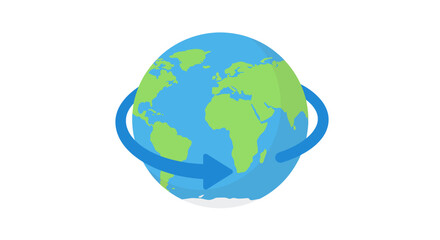 A rotating globe showing continents and a blue arrow encircling it