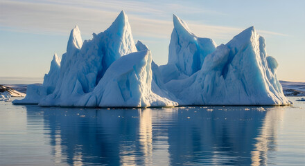 Majestic blue iceberg with sharp peaks reflecting in calm water under a clear sky, showcasing arctic beauty