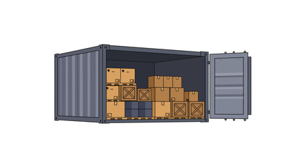 A shipping container filled with boxes and an open door