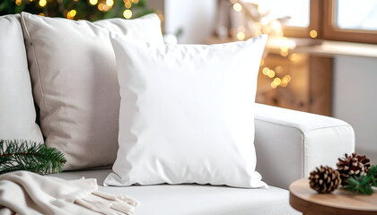 Cozy living room scene with white pillows on a sofa, pine cones, and a blanket.