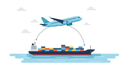 Airplane flying above container ship over water with clouds in a vector illustration