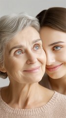 Happy elderly woman with supportive young relative embracing her, symbolizing family care, love, support and intergenerational connection in healthy lifestyle and positive aging context.