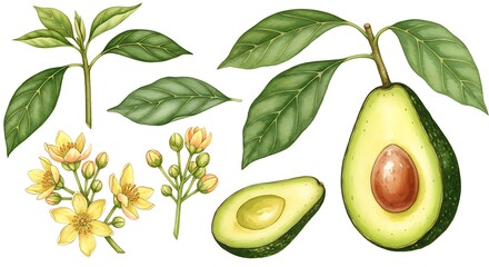 Watercolor illustration of fresh avocado fruit leaves and flowers elements