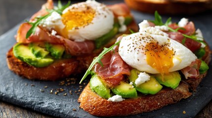 Brunch features two slices of toasted bread topped with creamy avocado poached eggs and prosciutto. It is served on a dark stone platter in a charming cafe setting.