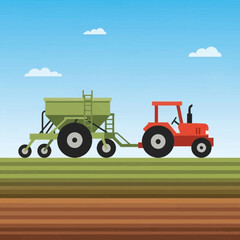 Red tractor pulls green planter across a field.