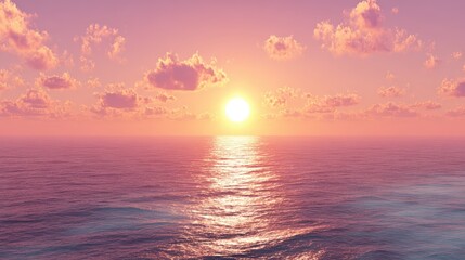 Stunning serene ocean view at sunrise with vibrant pink orange sky, calm water reflection and soft clouds in the early morning scene