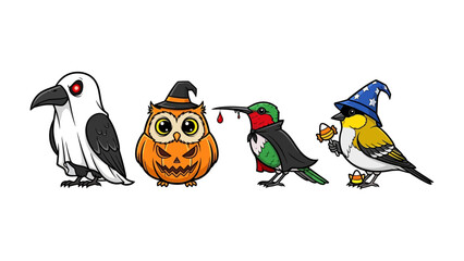 Festive Avian Assemblage: A delightful collection of cartoon birds, each donned in whimsical Halloween costumes. A playful composition showcasing the charming spirit of the spooky season.