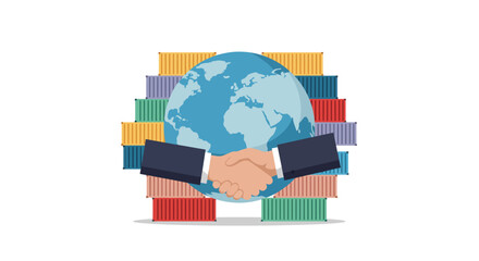 Cartoon world globe with handshake in front of stacked shipping containers
