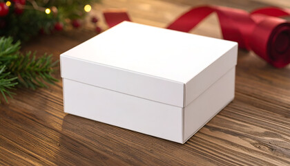 A white gift box sits on a wooden surface, with a red ribbon and festive greenery in the background.