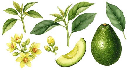 Watercolor illustration of fresh avocado fruit slice leaves and flowers