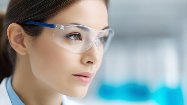 Close up portrait of young female scientist in protective glasses, laboratory environment blurred in background, concept of research, innovation, and precision with copy space.