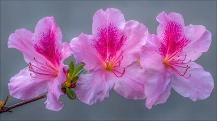 Close-up of vibrant pink azalea flowers with delicate petals and detailed structure on a plain background