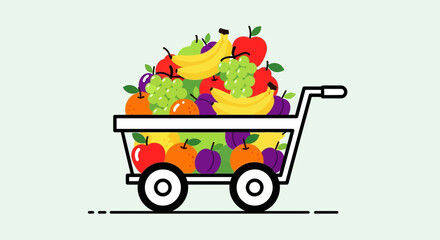 Shopping cart overflowing with a variety of colorful fresh fruits.