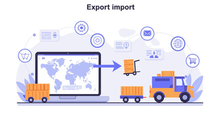 Exportimport illustration A laptop with a world map connects to a truck loaded with cargo