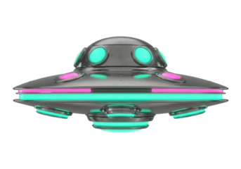 Isolated futuristic metallic flying saucer with glowing teal and pink lights a classic alien spaceship design for science fiction concepts