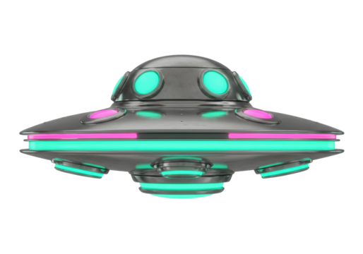Isolated futuristic metallic flying saucer with glowing teal and pink lights a classic alien spaceship design for science fiction concepts