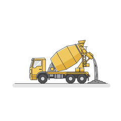 Yellow cement truck pouring concrete onto ground.