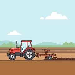 Red tractor plowing a brown field under a cloudy sky.