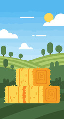 Hay bales in a green field under a sunny sky.