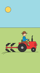 Farmer plowing field with tractor under sunny sky.