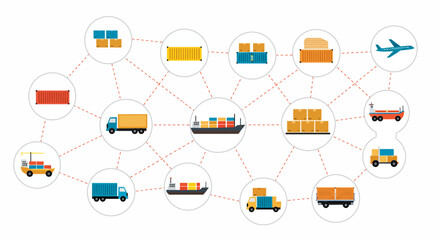 Graphic shows supply chain with trucks ships containers boxes and planes connected by red lines