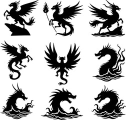 Obraz premium Mythical Dragon Silhouette Set