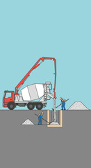 Construction scene with cement truck pouring concrete into foundation.