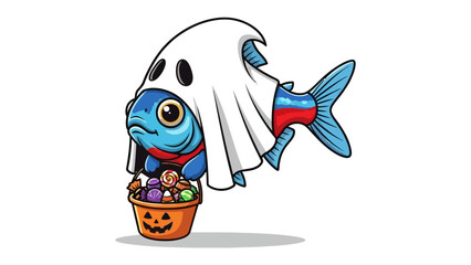 Fish in Ghost Costume: A cheerful cartoon fish, donned in a playful ghost costume, joyfully clutches a Halloween basket overflowing with candy