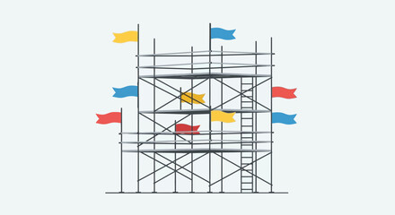 Scaffolding structure with colorful flags against a light background.