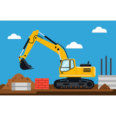 Yellow excavator at construction site with building materials.