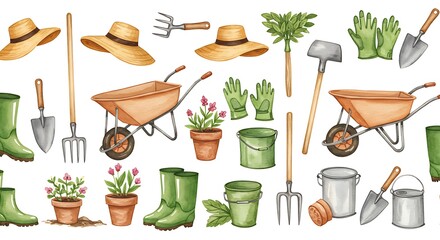 Watercolor illustration of gardening tools and accessories arranged in a row