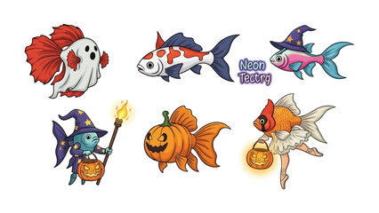 Festive Fantasy of Fish: A charming collection of six whimsically designed fish, each adorned in a unique Halloween costume, floats across a simple backdrop.