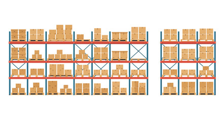 Shelves filled with cardboard boxes on pallets organized in a warehouse