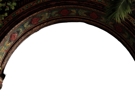 Ornate Semicircle Archway with Mosaic Tiles and Greenery on Transparent Background Detailed Ornamentation in Dark Brown with Floral Patterns Decorative Design Element with Negative Space