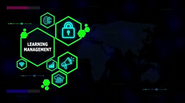 Learning management conceptual illustration showcasing global business strategy, collaboration, and innovative ideas with modern abstract graphics and international connectivity elements.