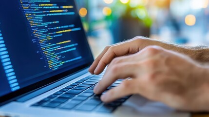 Close-Up of Hands Typing Code on Laptop in Modern Workspace