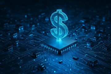 AI generated digital dollar symbol glowing on a futuristic electronic circuit board representing fintech blockchain crypto payments and global financial technology with modern sci fi blue light